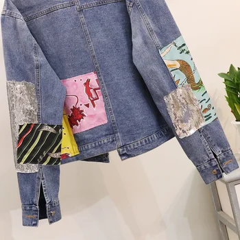 Sequin Jeans Bunda Ženy Jeseň Kabát 2021 Veľká Veľkosť Vintage Vrchné Oblečenie Dámske Džínsové Bundy Dámske Patch Vzory Dámy Džínsy Kabát