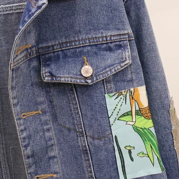 Sequin Jeans Bunda Ženy Jeseň Kabát 2021 Veľká Veľkosť Vintage Vrchné Oblečenie Dámske Džínsové Bundy Dámske Patch Vzory Dámy Džínsy Kabát