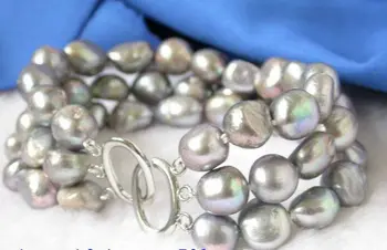 Jedinečný 3strands 9-11 mm šedá barokový perly náramok náramok 7.5 ASA