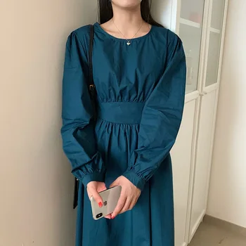 2020 Jeseň kórejský Vintage Pevné Ženy Dlhé Šaty Lístkového Rukáv O-krku-Belted Šaty Elegantné Módne-line Dámy Vestidos