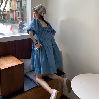 2020 Nové Letné Ženy Vintage Voľné squre golier Slim Lístkového Rukáv modré Šaty kórea lete krátky rukáv šaty