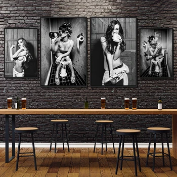 Sexy Dievča Sedí na Wc Plátno Umenie Plagáty A Vytlačí Čiernej A Bielej Nordic Plátno na Maľovanie Na Stenu Umenie Obrázok Dekor