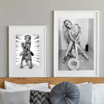 Sexy Dievča Sedí na Wc Plátno Umenie Plagáty A Vytlačí Čiernej A Bielej Nordic Plátno na Maľovanie Na Stenu Umenie Obrázok Dekor