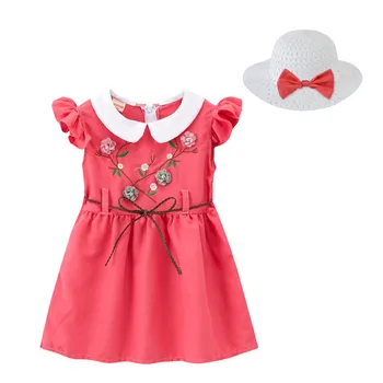 Baby Girl Dress Dieťa Dievča Oblečenie детская одежда Deti Oblečenie Móda Kvetinové Výšivky Princezná Šaty Slamený Klobúk Spp Oblečenie