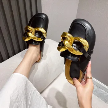 2021 módne luxusné zlaté reťaze štýl pohodlné platformu ploché papuče dizajn topánky mokasíny lenivý topánky