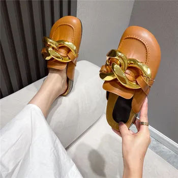 2021 módne luxusné zlaté reťaze štýl pohodlné platformu ploché papuče dizajn topánky mokasíny lenivý topánky