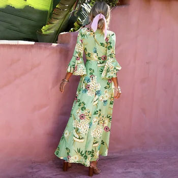 Letné Šaty Hlboko V Krku Svetlice Rukáv Ženy Kvetinový Tlač Šaty Svetlice Sleevebohemian Boho Vestidos Longo Long Beach Šaty