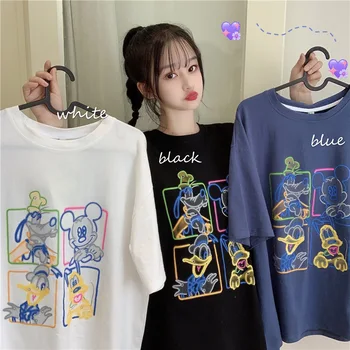 Nové Kreslené Bavlna Lete Mickey Mouse a Priatelia Voľné Strednej dĺžky Ženy T-shirt Harajuku Tričko kórejské Oblečenie Dámske Oblečenie