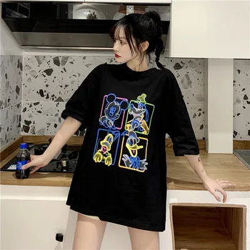 Nové Kreslené Bavlna Lete Mickey Mouse a Priatelia Voľné Strednej dĺžky Ženy T-shirt Harajuku Tričko kórejské Oblečenie Dámske Oblečenie