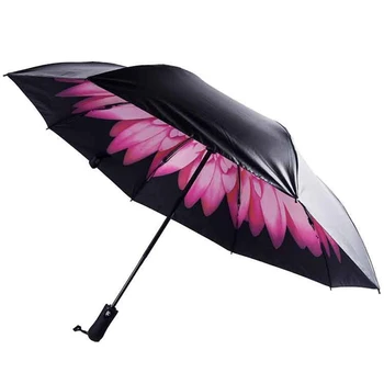 Kvet Tvar Zadnej strane Automatický Dáždnik Tri-fold Čierny Povlak, UV žiareniu, Vetru Ženy Slnečný A Daždivé Dáždnik