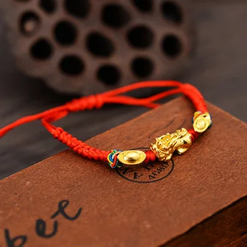 Amulet Ručne tkané Červené Lano Náramok so Zlatým Pi Xiu Prívesok Charms LXH Kpop