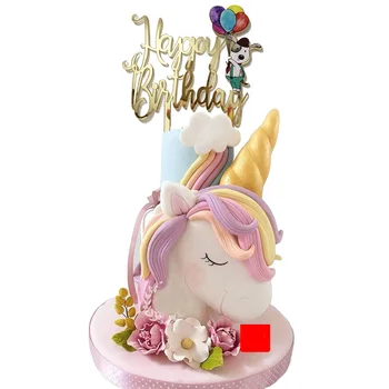 Unicorn Karikatúry Akryl Happy Birthday Cake Vňaťou Zlato Narodeninovej Party Tortu Mulčovače pre Deti Narodeninovej Party Cake Dekorácie