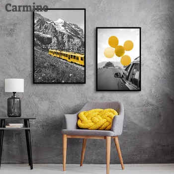 Čierna a Biela Nordic Plagáty a Vytlačí Žltá registrujte sa Cestné Nordic Výzdoba Domov Žltý Vlak a Balóny Wall Art Izba Dekor