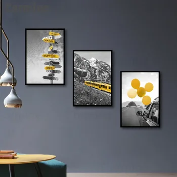 Čierna a Biela Nordic Plagáty a Vytlačí Žltá registrujte sa Cestné Nordic Výzdoba Domov Žltý Vlak a Balóny Wall Art Izba Dekor