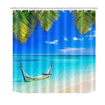 Tropické Sunny Beach Sprchový Záves, hojdacia sieť, v Tyrkysovej Vody, Sprchové Závesy pre Kúpeľňa Nepremokavé Polyesterové Tkaniny s 12