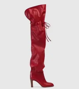 Jeseň Nové 2018 Značky Žena svieti na Červeno Čierny Okrúhly Prst Štvorcové Prst 100 mm Náklon Čipky Nad Kolená Pošmyknúť Na Kožené Turistické Topánky