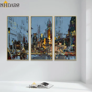 Moderné Mesto Nočné Scenérie Plagáty A Vytlačí Plátno Maliarske Umenie 3 Panely na Stenu Obrázky, Obývacia Izba, Veľká Veľkosť Domova