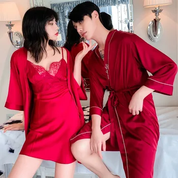 Ženy, je pocit, s hrudníka vankúš s uväzovaním za nightgown dvoch-dielny červené svadobné pár sleepwear svadobné, príležitostné voľné ráno šaty