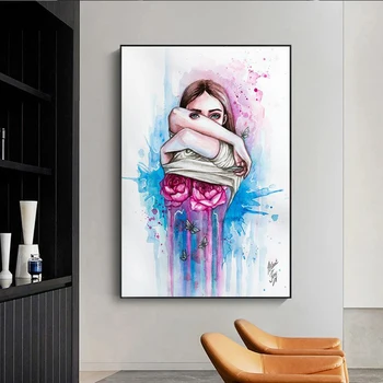 Akvarel Abstraktné Kvet Ženu Plátno Umenie Plagáty a Vytlačí Pop Art Dievča Plátne Obrazy Street Art Obraz pre Home Decor