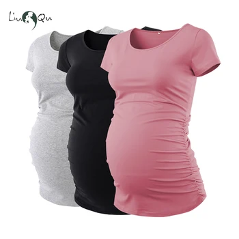 Materské Oblečenie Letné Tee Tričko Tehotné Topy Dámske Tehotenstva T-Shirt Bežné Lichotivé Strane Ruching Balenie 3ks Košele