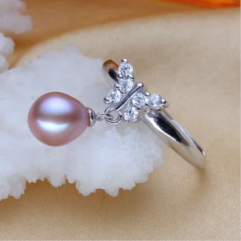 Móda Pearl Krúžok 8-9 mm Ideálny kvapka tvar Prírodné Perly Snubné Prstene Motýľ Krúžok 925 Sterling Silver Šperky Pre Ženy