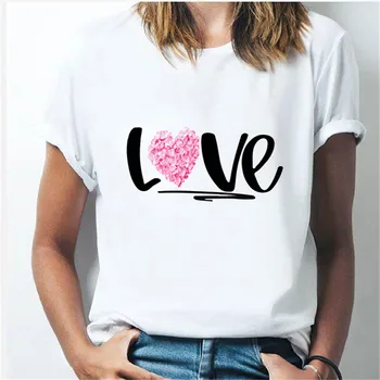 LUSLOS Plus Veľkosť Ženy T-Shirt 2020 Lete Ruža Srdce Print T Shirt Ženy Bežné Biele Topy Voľné Krátke Rukáv Tričko Camisas
