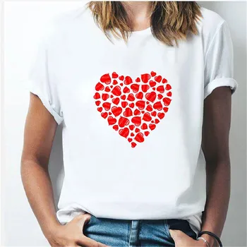 LUSLOS Plus Veľkosť Ženy T-Shirt 2020 Lete Ruža Srdce Print T Shirt Ženy Bežné Biele Topy Voľné Krátke Rukáv Tričko Camisas