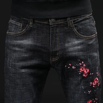 2019 mužov Klasické čierne Džínsy business Bežné Mužov s Vyšívané Kvety pánske Denim Džínsy Úsek Skinny Jeans Nohavice