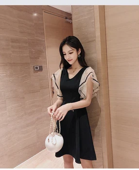 2020 Letné Šaty Žien kórejský Lištovanie Oka Patchwork Black tvaru Očarujúce Štíhle Sexy Elegantné Vysoký Pás A-line šaty