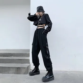 Black Cargo Nohavice Ženy Neforemné Plus Veľkosť Voľné Hip Hop Tepláky Stuhy Šport Gothic Nohavice Joggers Mujer Pantalones Kobieta