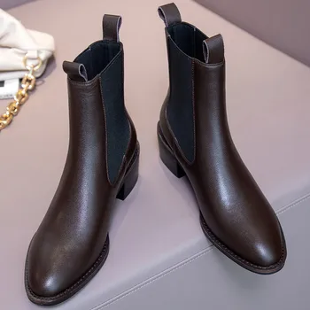 Dámske originálne kožené hrubé med päty kolo prst jeseň, členkové topánky, elastickej tkaniny patchwork slip-on chelsea topánky členkové topánky
