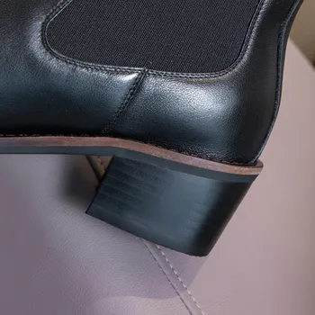 Dámske originálne kožené hrubé med päty kolo prst jeseň, členkové topánky, elastickej tkaniny patchwork slip-on chelsea topánky členkové topánky