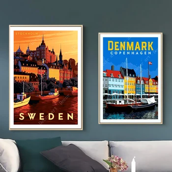 Švédsko Dánsko Kodaň Cestovnej Mape Plátno Na Maľovanie Vintage Stenu Kraft Plagát Potiahnuté Samolepky Na Stenu Domov Dekoratívny Obraz Darček