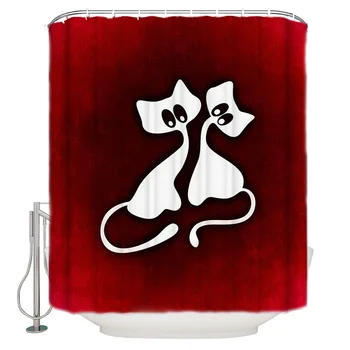 Valentine Mačka Láska Pár Červenou Tkaninou Pozadí Sprchový Záves Nepremokavé Záclony Polyester Vaňa Opony