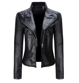 Európska Americký Motocyklový PU kožené sako Ženy Jeseň Zima Black Fashion Slim Bundy Kabát Outwear