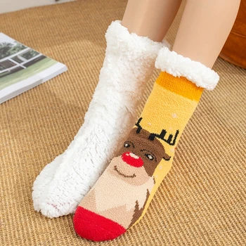 Ženy Vianočné Fuzzy Plyšové Linajkované Črievičku Ponožky Cartoon Santa Snehuliak Sobov Domov Poschodí Non Šmyku Tepelná Pančuchový Tovar Dary