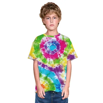Chlapci a Dievčatá O-krku Krátky Rukáv 3D Digitálna Tlač Zelené Kruhy Patchwork Farbenie Letné T-shirts Veľké Chlapcov, Letné T-shirts