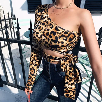 2020 Nové Ženy Móda Leopard Plodín Topy Leopard Jedného Pleca Dlhý Rukáv Vystrihnúť Kravatu Pás Štíhle Sexy Tee Topy Club Oblečenie