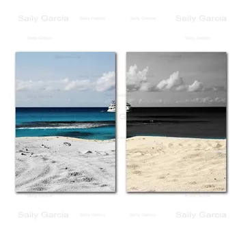 Čerstvé Modrá Kontrast Gray na More, Výhľad na Krajinu Pláži Loď Tapety Plagát, Obraz na Plátne Maľovanie pre Spálne, Obývacia Izba, Kancelária