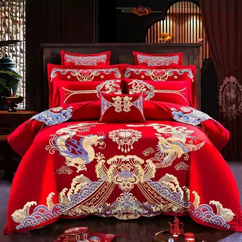 41 Luxusných 4/6/9Pcs Loong Phoenix Výšivky Red Čínske Svadobné Bavlnená posteľná bielizeň Nastaviť Perinu Posteľ list/Bielizeň, obliečky na Vankúše