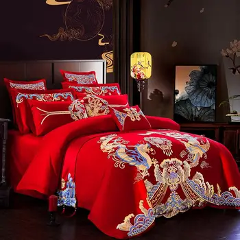 41 Luxusných 4/6/9Pcs Loong Phoenix Výšivky Red Čínske Svadobné Bavlnená posteľná bielizeň Nastaviť Perinu Posteľ list/Bielizeň, obliečky na Vankúše