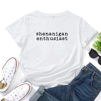Shenanigan Tričko Fashion T-shirt Ženy Letné Bavlnené Tričko Ženy Harajuku O-krku Dámy Top Tee Tričko Femme Black & White