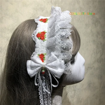 Lolita Japonský Biele Červené ruže Výšivky Bowknot Vlasy hoop Lolita headdress Vlasy príslušenstvo Handwork Vlasové Ozdoby Cosplay