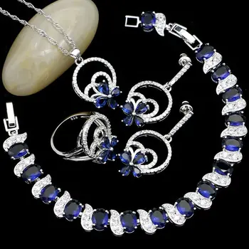 925 Silver Šperky Sady Modrá Cubic Zirconia Okrúhle Náušnice/Prívesok/Náhrdelník/Krúžok/Náramok Set Pre Ženy, Party Dekorácie
