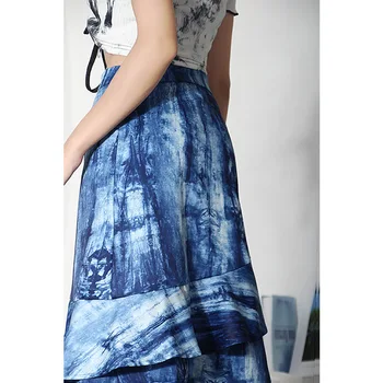 2021 Modrá Tlač Sukne s Vysokým Pásom Nepravidelný Nové Jeseň Zima Vintage Módy Voľné Ženy Mid-dĺžka Sukne Tide