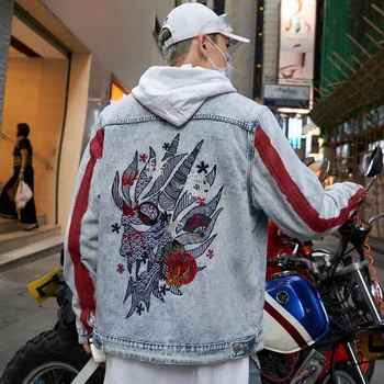 2020 Mužov Hip Hop Bunda Streetwear Výšivky Dragon Denim Jacket Graffiti Harajuku Nadrozmerná Červené Pruhované Denim Jacket Kabát Uli