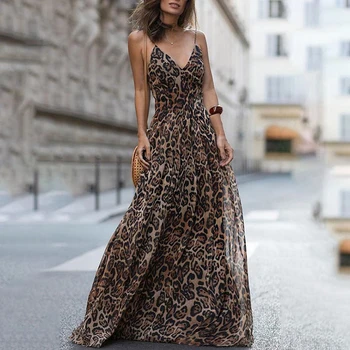 Módy Sexy Šaty Leopard V-krku šatka šaty maxi šaty Žien Lete Šifón Pláže, Dlhé Šaty župan femme