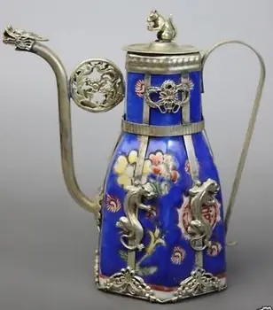 Modrá Porcelánu Dragon Leopard Čaj Hrniec medi Tibetského striebra socha nástroje svadobné Dekorácie Mosadz