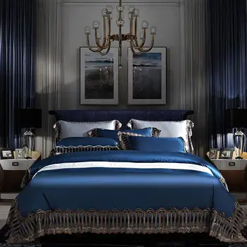 Modrá Sivá Biela Luxusnej Čipky posteľná bielizeň Nastaviť Kráľovná Kráľ 4Pieces Kvality Mäkké 1000TC Egyptskej Bavlny Povlaky na Prikrývku Kryt Nastaviť