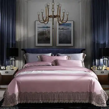 Modrá Sivá Biela Luxusnej Čipky posteľná bielizeň Nastaviť Kráľovná Kráľ 4Pieces Kvality Mäkké 1000TC Egyptskej Bavlny Povlaky na Prikrývku Kryt Nastaviť